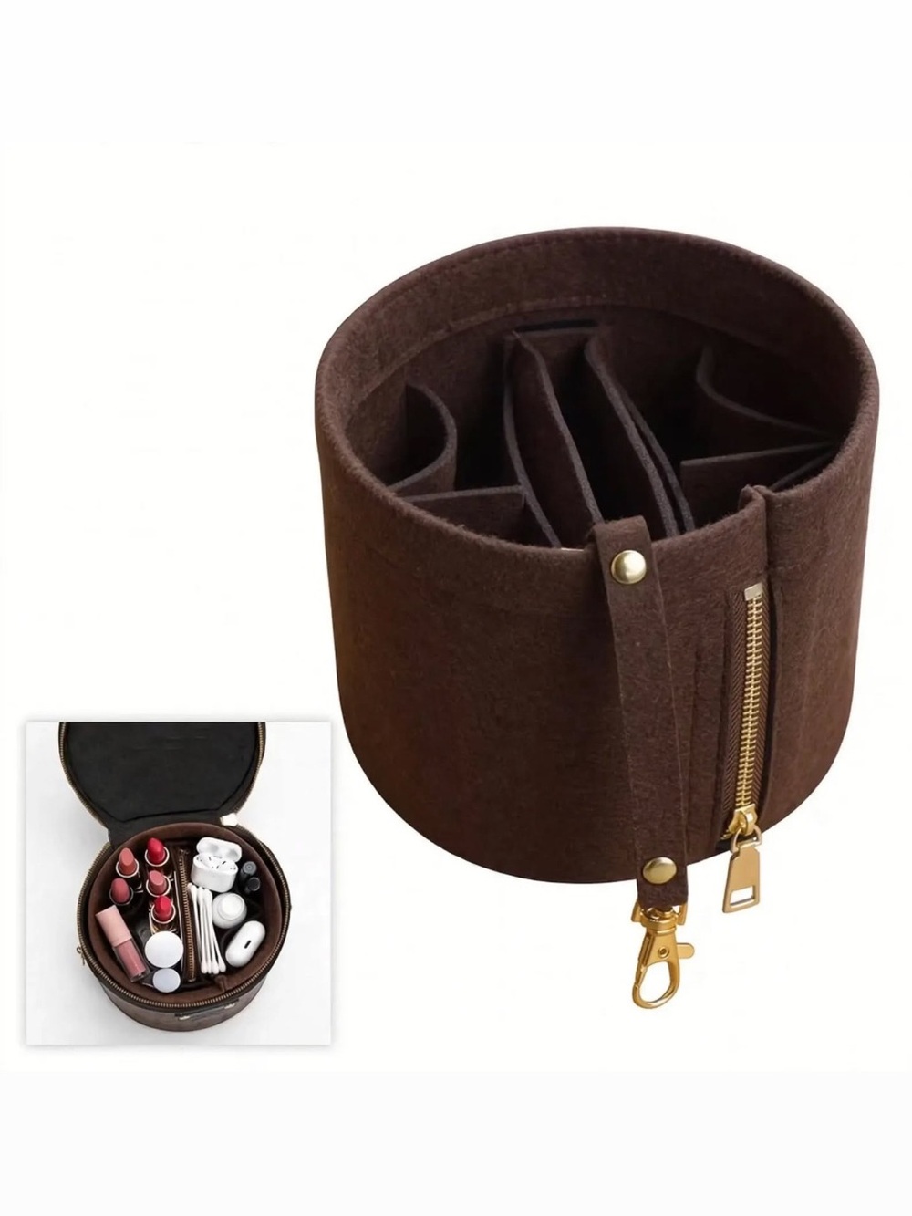 Brown Felt Bag Organizer Insert - Round Purse Storage